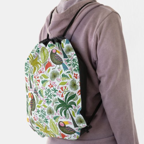 Colorful Exotic Birds And Flowers  Drawstring Bag