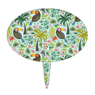 Colorful Exotic Birds And Flowers Pattern Cake Topper