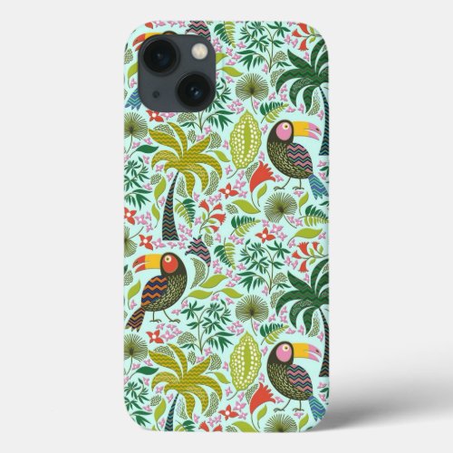 Colorful Exotic Birds And Flowers Pattern iPhone 13 Case