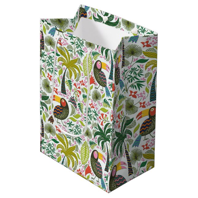 Colorful Exotic Birds And Flowers Pattern Medium Gift Bag (Front Angled)