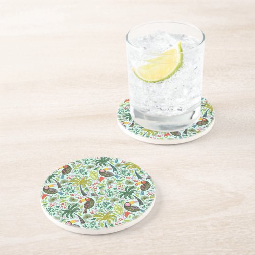 Colorful Exotic Birds And Flowers Pattern Sandstone Coaster