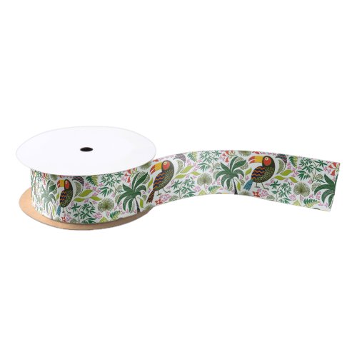 Colorful Exotic Birds And Flowers Pattern Satin Ribbon