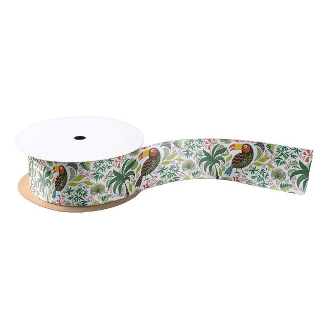 Colorful Exotic Birds And Flowers Pattern Satin Ribbon (Spool)