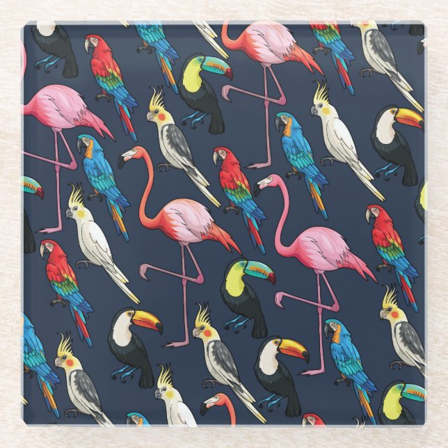 Colorful Exotic Birds Dark Pattern Glass Coaster (Front)