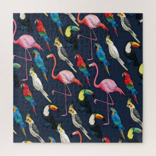 Colorful Exotic Birds Dark Pattern Jigsaw Puzzle