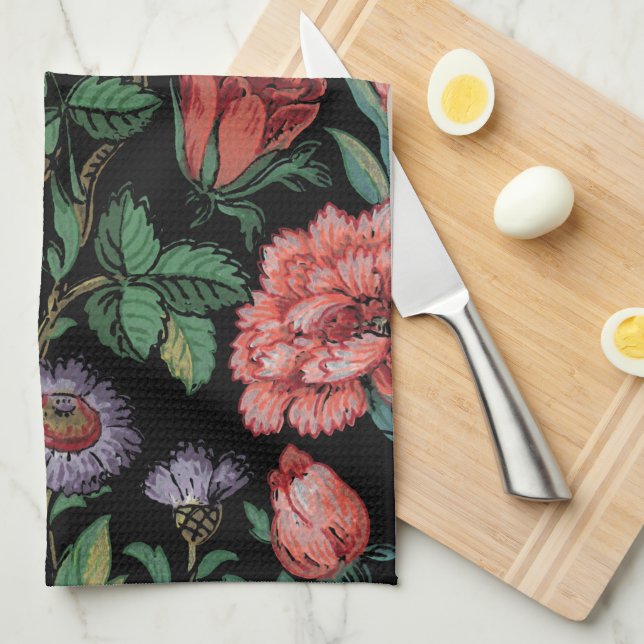 Colorful Exotic Floral & Bird-Black Background  Kitchen Towel (Quarter Fold)