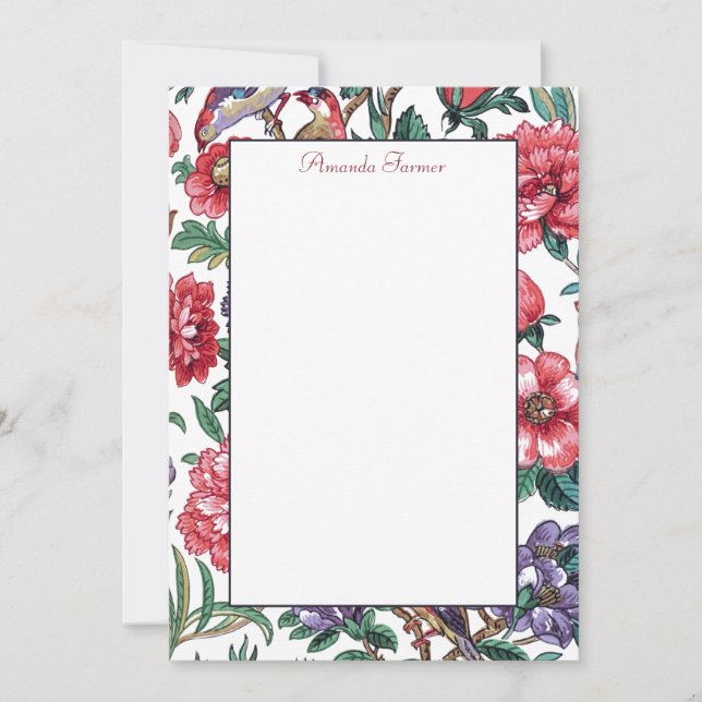 Colorful Exotic Floral & Bird-White Background Note Card (Front)