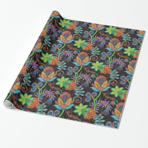 Colorful Exotic Floral Design Glass Beads Look Wrapping Paper