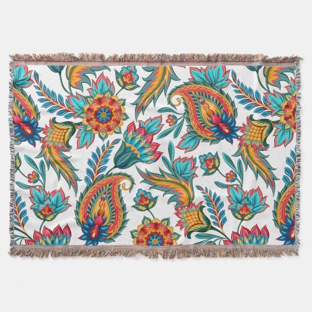 Colorful Exotic Floral Paisley Pattern Throw Blanket (Front)