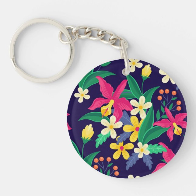 Colorful Exotic Floral Pattern-23021 Keychain (Front)