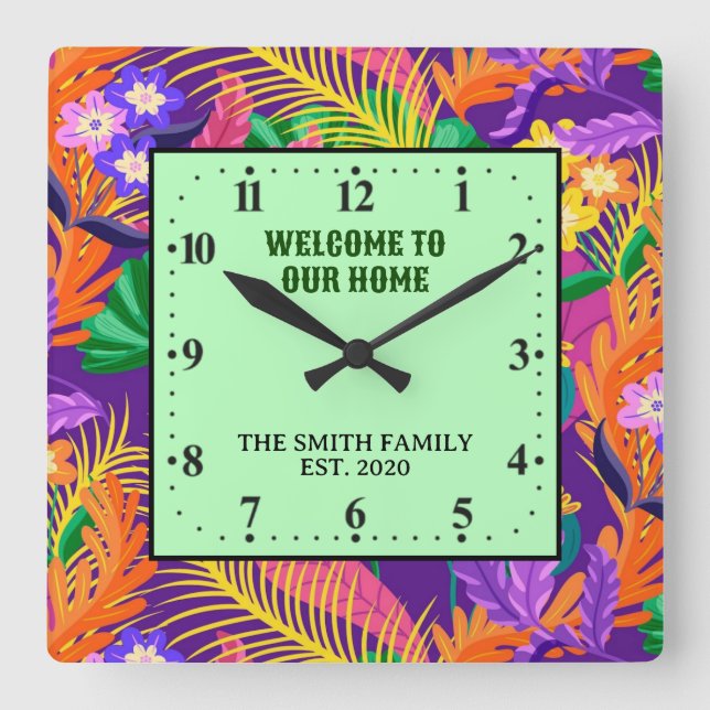 Colorful Exotic Floral Pattern Design  Square Wall Clock (Front)