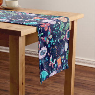 Colorful exotic flowers and butterflies pattern short table runner