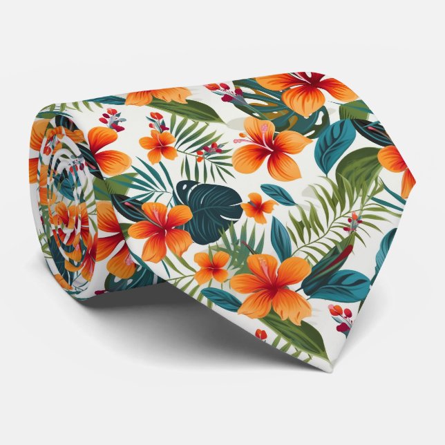 Colorful Exotic Flowers Design Neck Tie (Rolled)