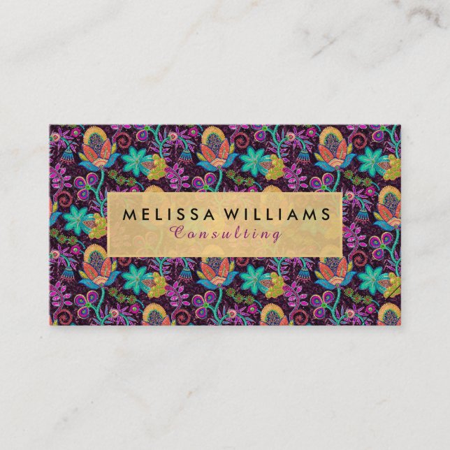 Colorful Exotic Flowers Gold Accents Business Card (Front)