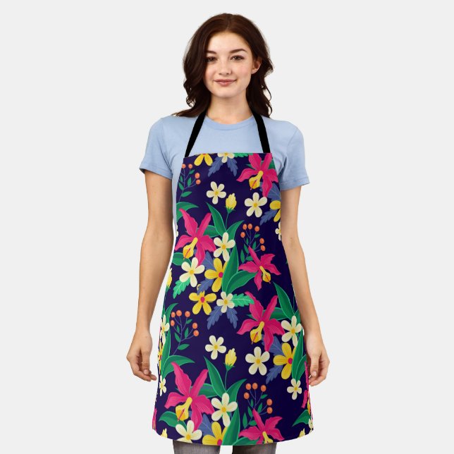 Colorful Exotic Flowers Leaves Pattern-23021 Apron (Worn)
