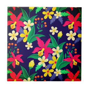 Colorful Exotic Flowers Leaves Pattern-23021 Ceramic Tile