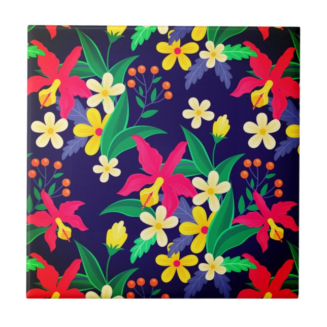 Colorful Exotic Flowers Leaves Pattern-23021 Ceramic Tile (Front)