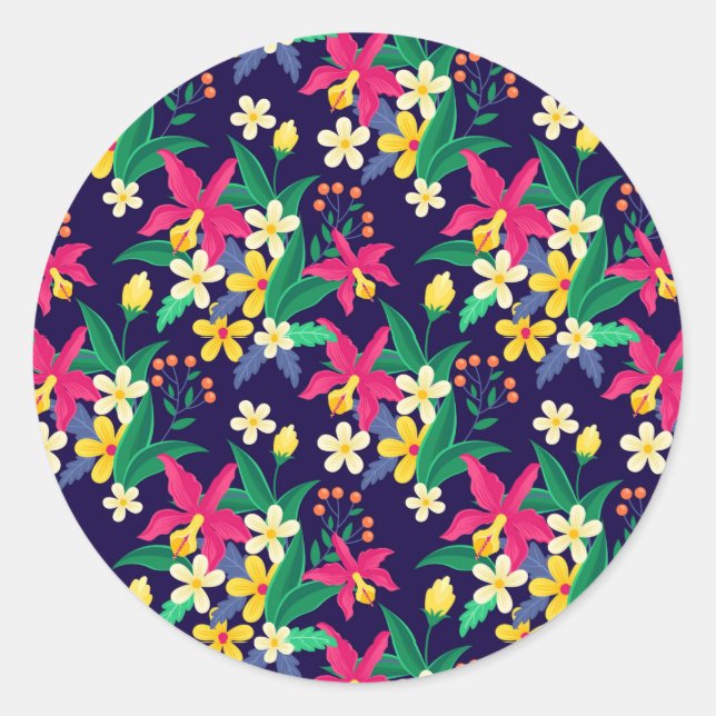 Colorful Exotic Flowers Leaves Pattern-23021 Classic Round Sticker (Front)