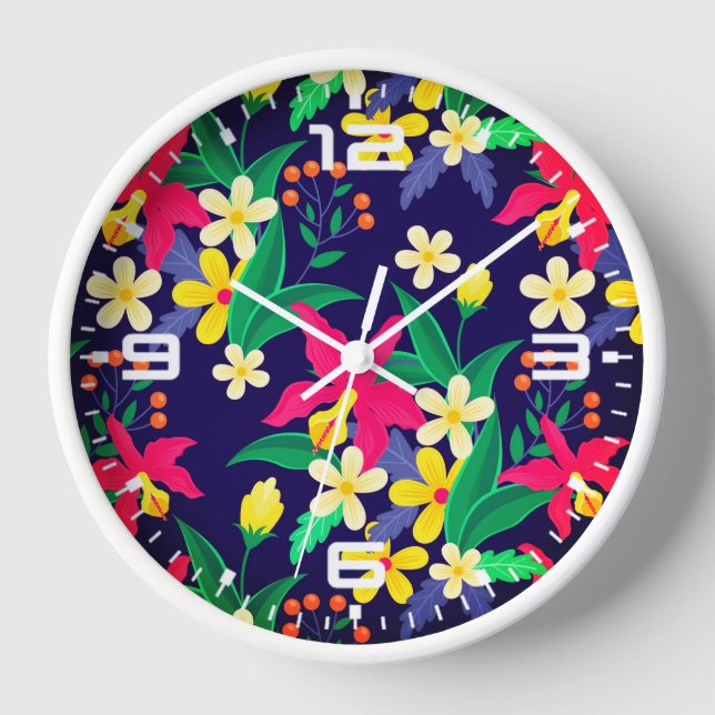 Colorful Exotic Flowers Leaves Pattern-23021 Clock (Front)
