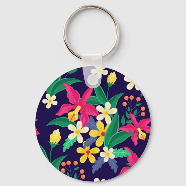 Colorful Exotic Flowers Leaves Pattern-23021 Keychain (Front)
