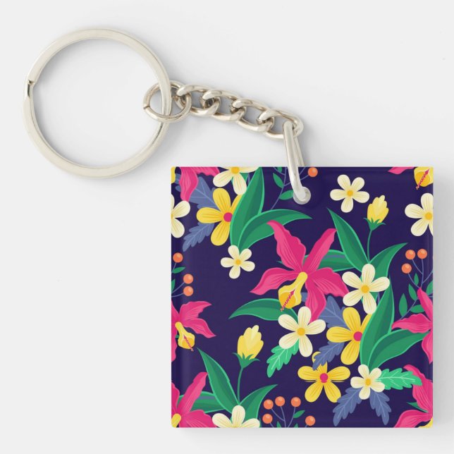 Colorful Exotic Flowers Leaves Pattern-23021 Keychain (Front)