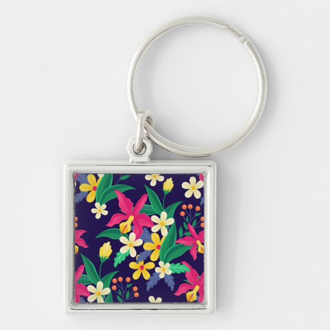 Colorful Exotic Flowers Leaves Pattern-23021 Keychain (Front)