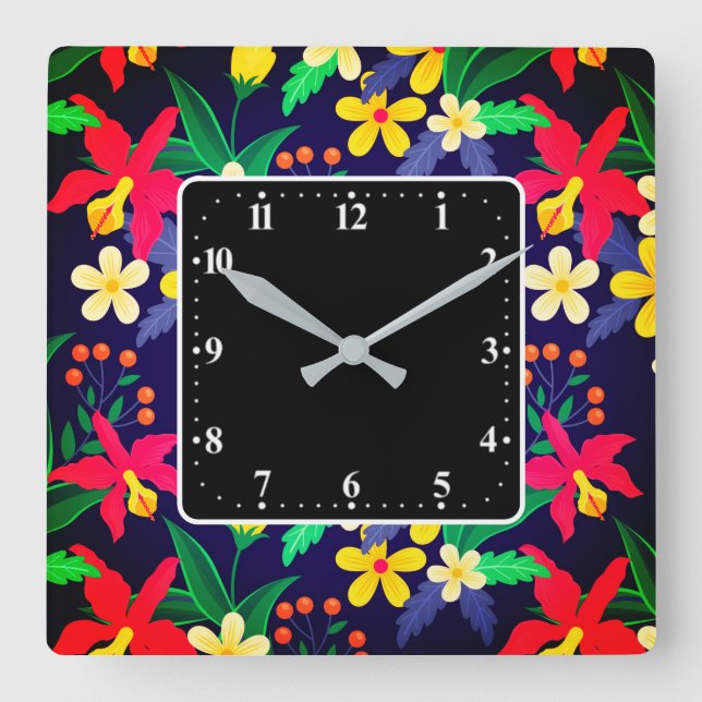 Colorful Exotic Flowers Leaves Pattern-23021 Square Wall Clock (Front)