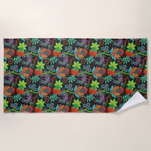 Colorful exotic flowers pattern glass beads look  beach towel