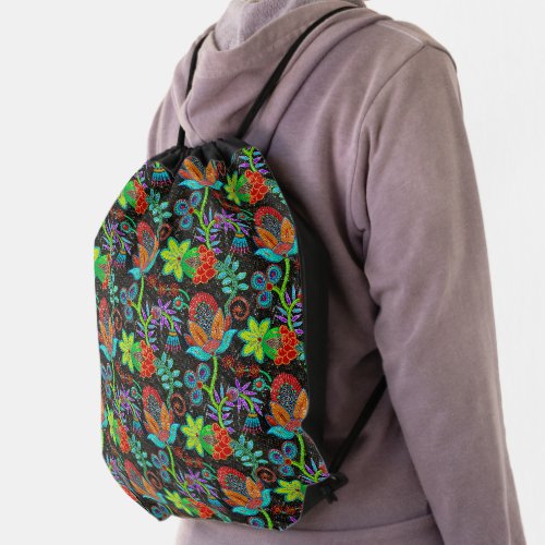 Colorful exotic flowers pattern glass beads look  drawstring bag