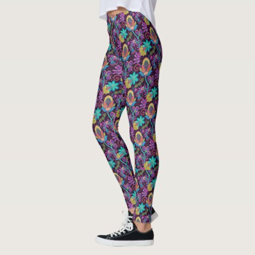 Colorful Exotic Flowers Pattern Glass_Beads Look Leggings