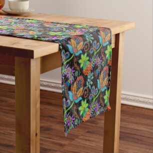 Colorful exotic flowers pattern, glass beads look medium table runner