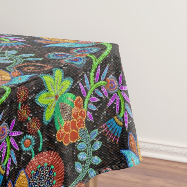 Colorful exotic flowers pattern, glass beads look tablecloth (In Situ)