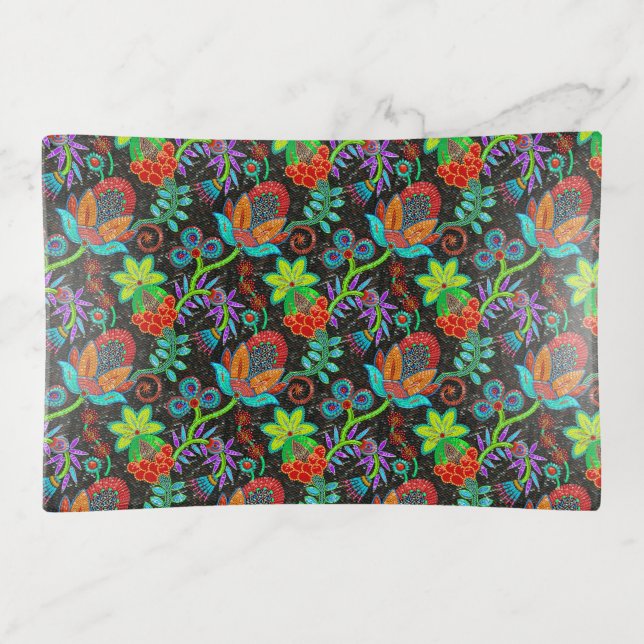 Colorful exotic flowers pattern, glass beads look  trinket tray (Front)