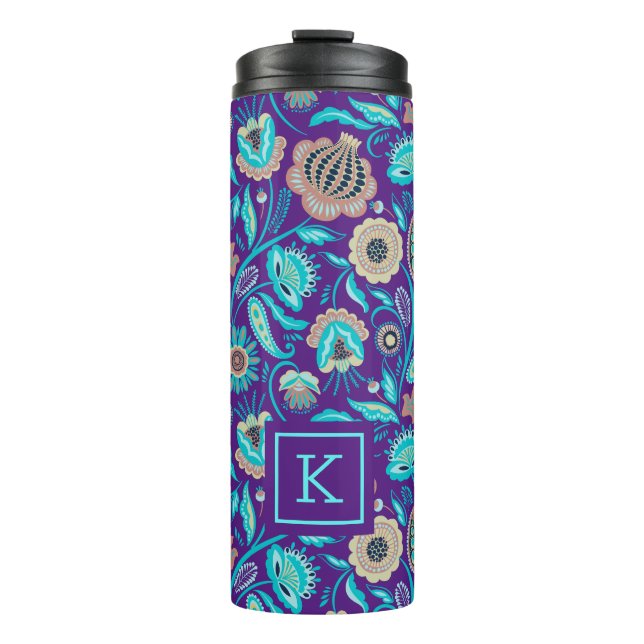 Colorful exotic flowers pattern purple background thermal tumbler (Front)