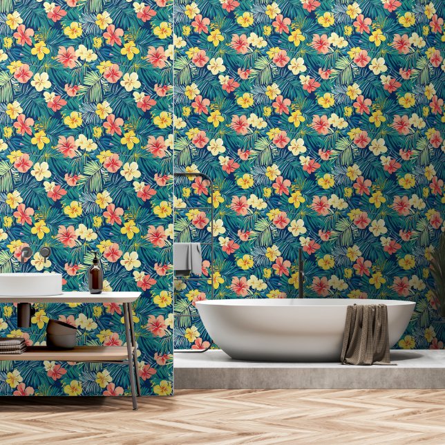 Colorful Exotic Flowers Pattern Wallpaper (Bathroom)