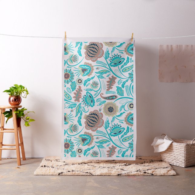 Colorful exotic flowers pattern white background fabric (In Situ)