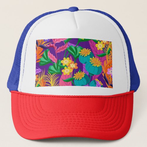 Colorful Exotic Leaves and Flowers Pattern Trucker Hat