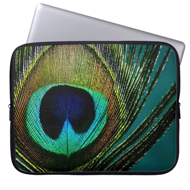 Colorful Exotic Peacock Feather Photography Modern Laptop Sleeve (Front)