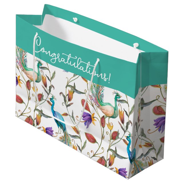 Colorful Exotic Peacock Floral Pattern Large Gift Bag (Front Angled)