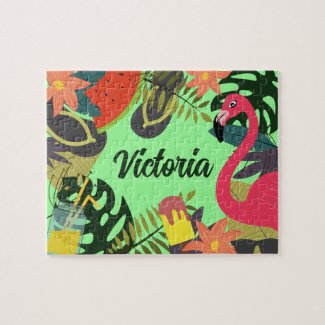 Colorful, exotic pink flamingo name sign jigsaw