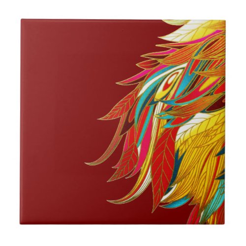 Colorful Exotic Tribal Feathers Red Ceramic Tile