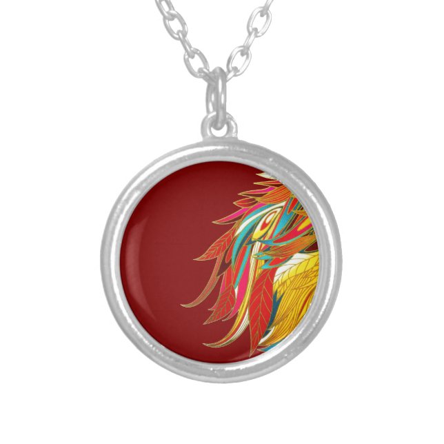 Colorful Exotic Tribal Feathers Red Silver Plated Necklace (Front)