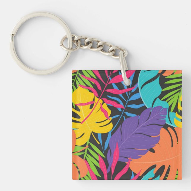 Colorful Exotic Tropical Leaves Pattern Keychain (Front)