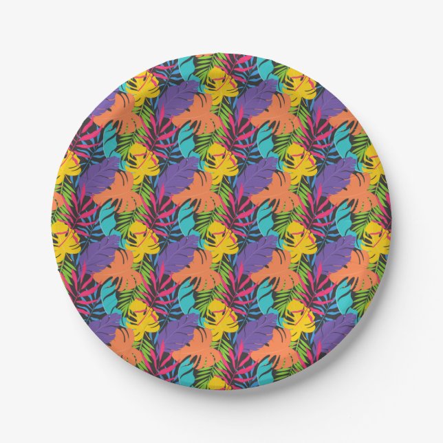 Colorful Exotic Tropical Leaves Pattern Paper Plates (Front)