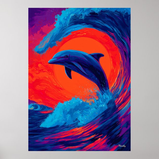 Colorful Expressionist Dolphin Wave Wall Art (Front)