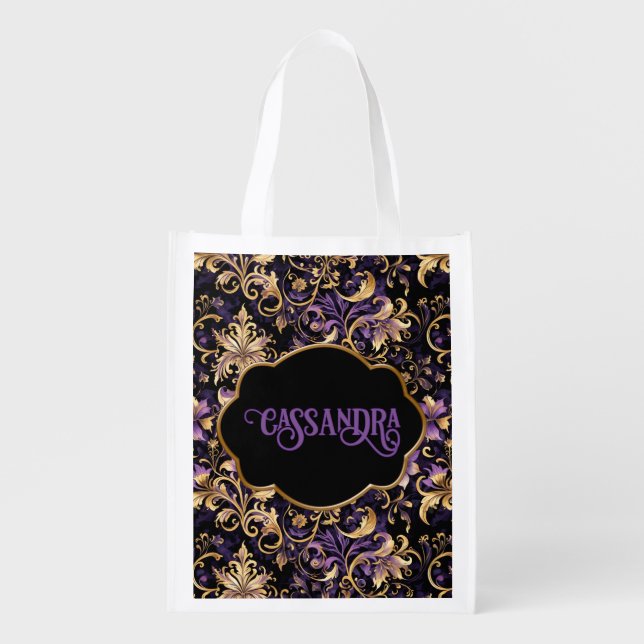 Colorful,Extravagant,Purple and Gold Personalized  Grocery Bag (Front)