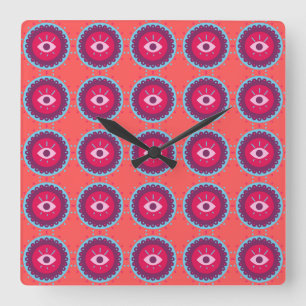 Colorful Eye Pattern on Red Background Square Wall Clock