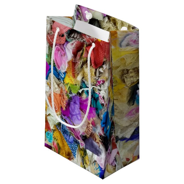 colorful fabric collage small gift bag (Front Angled)
