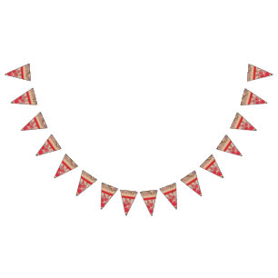 Colorful fabric pattern featuring intricate floral bunting flags