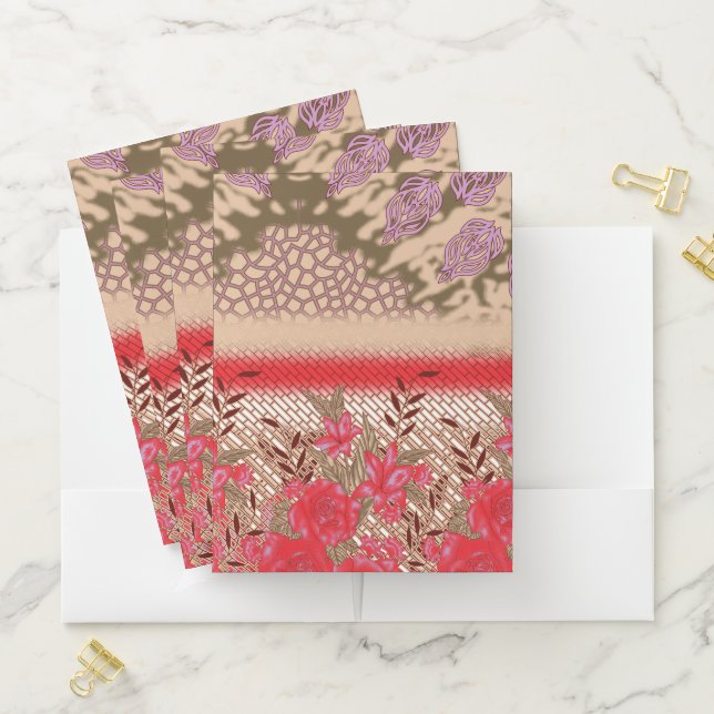 Colorful fabric pattern featuring intricate floral pocket folder (In Situ)
